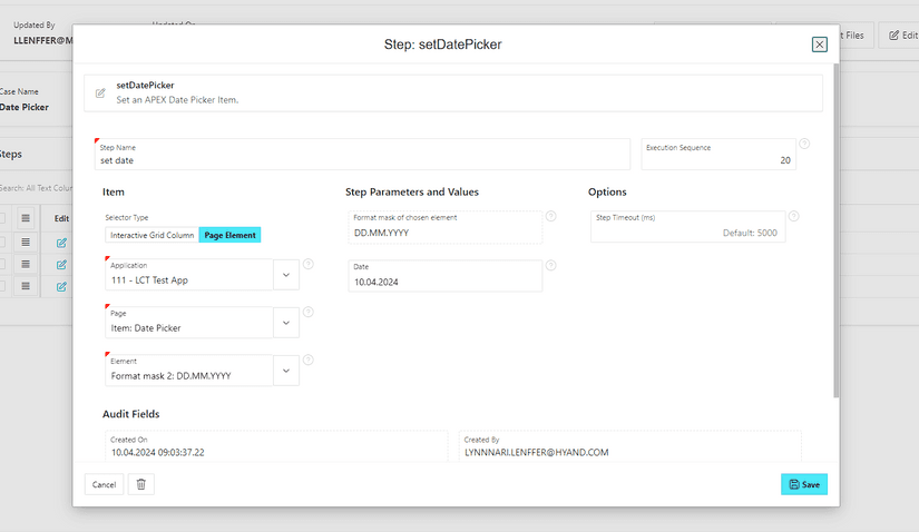 A modal page with the heading 'Step: setDatePicker'. On the left you can select a page item or an interactive grid column where the date picker is located. Depending on the item selected, a format mask is displayed.