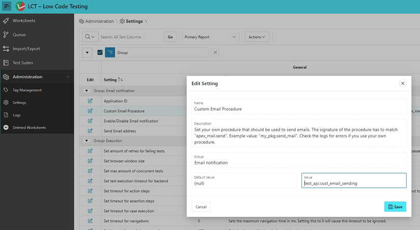 Modal Dialog on Settings Page, where the user can insert a custom mail procedure